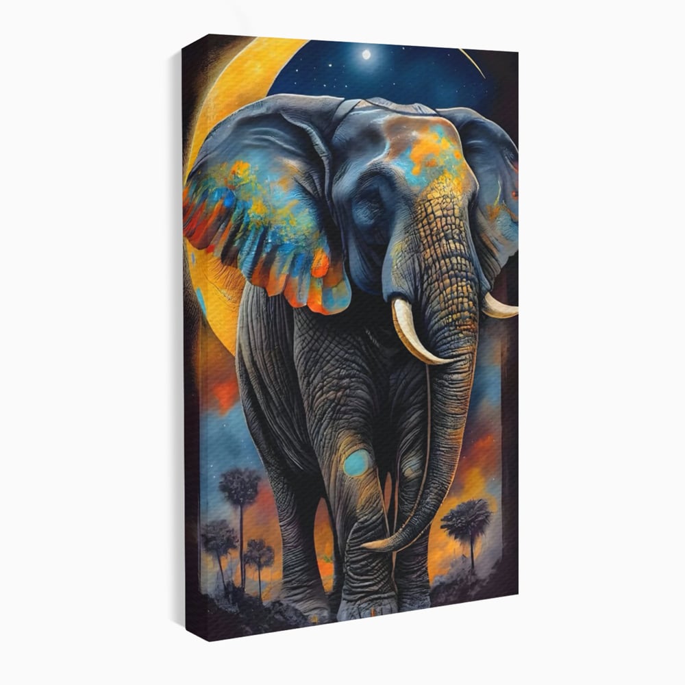 Tablou canvas cu tablou canvas cu elefant colorat si luna, fara rama, pe sasiu de lemn